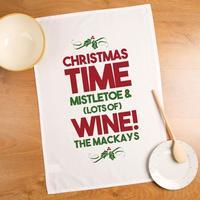 personalised christmas time lots of wine tea towel