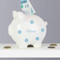 Personalised Blue Polka Dot Piggy Bank