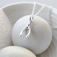 Personalised Silver and Sapphire Wishbone Necklace