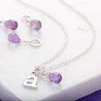 Personalised February Birthstone Teardrop Necklace (Amethyst) with Letter Charm