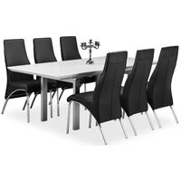Pella White High Gloss Extending Dining Set with 6 Eton Black Faux Leather Chairs