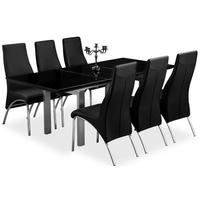Pella Black High Gloss Extending Dining Set with 6 Eton Black Faux Leather Chairs