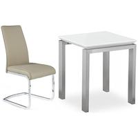 pella white high gloss square dining set with 4 avante latte faux leat ...