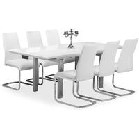 Pella White High Gloss Extending Dining Set with 6 Avante White Faux Leather Chairs