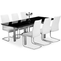 Pella Black High Gloss Extending Dining Set with 6 Avante White Faux Leather Chairs