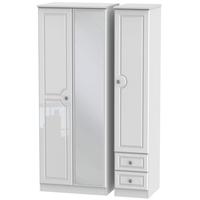Pembroke High Gloss White Triple Wardrobe - Tall with Mirror and 2 Drawer