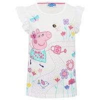 Peppa Pig girls 100% cotton frill short sleeve character garden print applique top - White