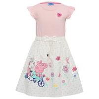 Peppa Pig girls pink polka dot pattern short ruffle sleeve character bow applique fit & flare dress - White
