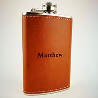 Personalized Stainless Steel Brown Leather Flask 5 oz Hip Flasks
