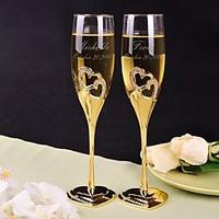 Personalized Toasting Flutes Gold Diamond Double Heart - Set of 2