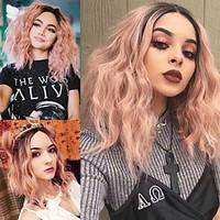 Peach Wave Synthetic Lace Front Wig with Dark Roots Heat Resistant High Quality Fashion New Arrival Ombre Hair Water Wave Light Pink Short Wig