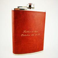 Personalized Stainless Steel Brown Leather 8-oz Hip Flasks