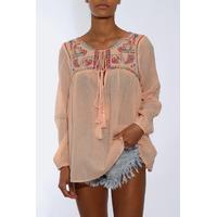 Peach Embroidered Detail Peasant Blouse