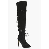 Peeptoe Lace Up And Back Over Knee Boot - black