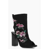 peeptoe sock boot with floral embroidery black