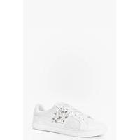 Pearl And Diamante Trim Lace Up Trainer - white