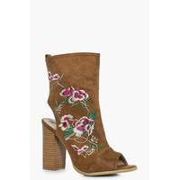 peeptoe sock boot with floral embroidery tan