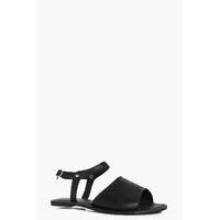 peeptoe ankle strap leather flat mule black