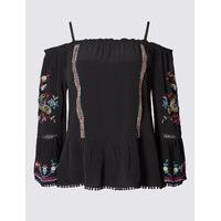 per una embroidered cold shoulder bardot blouse