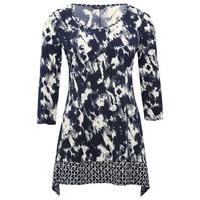 Petite Ladies 3/4 Sleeve brushstroke print dipped hem casual jersey tunic Top - Navy