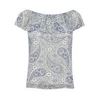 Petite Ladies Short Sleeve Off Shoulder Frill Detail Paisley Print bardot top - Blue