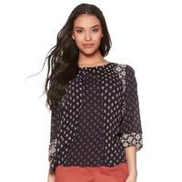 Petite ladies pull on block panel tile print three quarter length statement sleeve scoop neck top - Navy