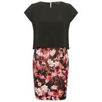 Petite ladies floral border print shift style double layer sleeveless chiffon dress - Black
