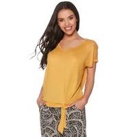 Petite Ladies Short Sleeve V Neck Tie Front Crochet Lace Trim Casual Jersey Top - Ochre