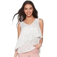 Petite Ladies Sleeveless Pull on V Neck Double Layer Wrap Over Style Feather Print Top - Ivory