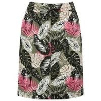 Petite ladies soft linen blend palm leaf print high waist tie front pocket utility skirt - Khaki