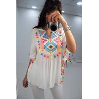 Petula neon embroidered tassel trim kaftan top