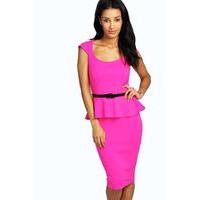 Peplum Belted Midi Dress - fuchsia