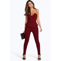 Peplum Style Skinny Leg Jumpsuit - wine