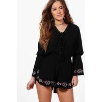 Petra Lace Up Detail Embroidered Playsuit - black