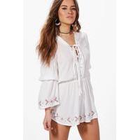 petra lace up detail embroidered playsuit white