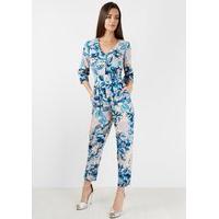 Peach Blue Scribble Floral Print 3/4 Sleeve Jumpsuit