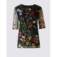 per una floral embroidered half sleeve shell top