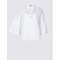 Per Una Pure Cotton Embellished Flare Sleeve Blouse