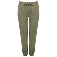 Petite ladies linen cotton blend tie waist pocket detail relaxed jogger fit utility trouser - Khaki