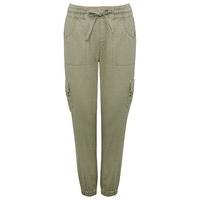 Petite ladies linen cotton blend tie waist pocket detail relaxed jogger fit utility trouser - Khaki