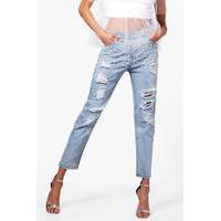 Pearl Embellished Mom Jeans - blue