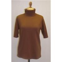 Peter Hahn, Size 12, mid brown, short sleeved, \'polo\' neck top.