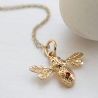 Personalised 9 Carat Gold and Ruby Bee Necklace