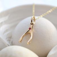 Personalised 9 Carat Gold and Ruby Wishbone Necklace