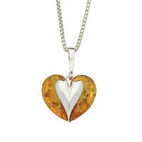Pendant Amber And Silver Heart Carved