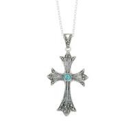 Pendant Turquoise And Silver Marcasite 3 Pointed Fan Cross