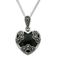 Pendant Whitby Jet And Silver Marcasite Cased Floral Heart