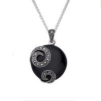 Pendant Whitby Jet And Silver Marcasite Double Spiral Round