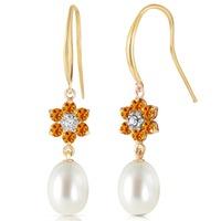 Pearl, Diamond and Citrine Daisy Chain Drop Earrings 8.95ctw in 9ct Gold