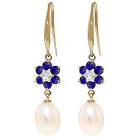 Pearl, Diamond and Sapphire Daisy Chain Drop Earrings 8.95ctw in 9ct Gold